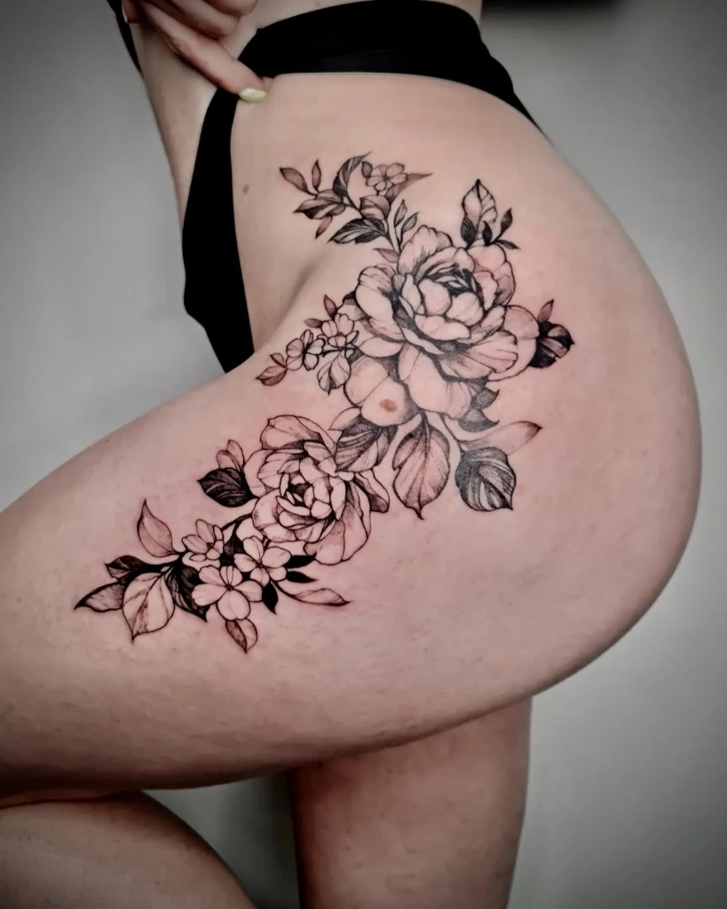 Tatuaj floral fin pe șold și coapsă realizat de Ale Vas la Muntele Tattoo