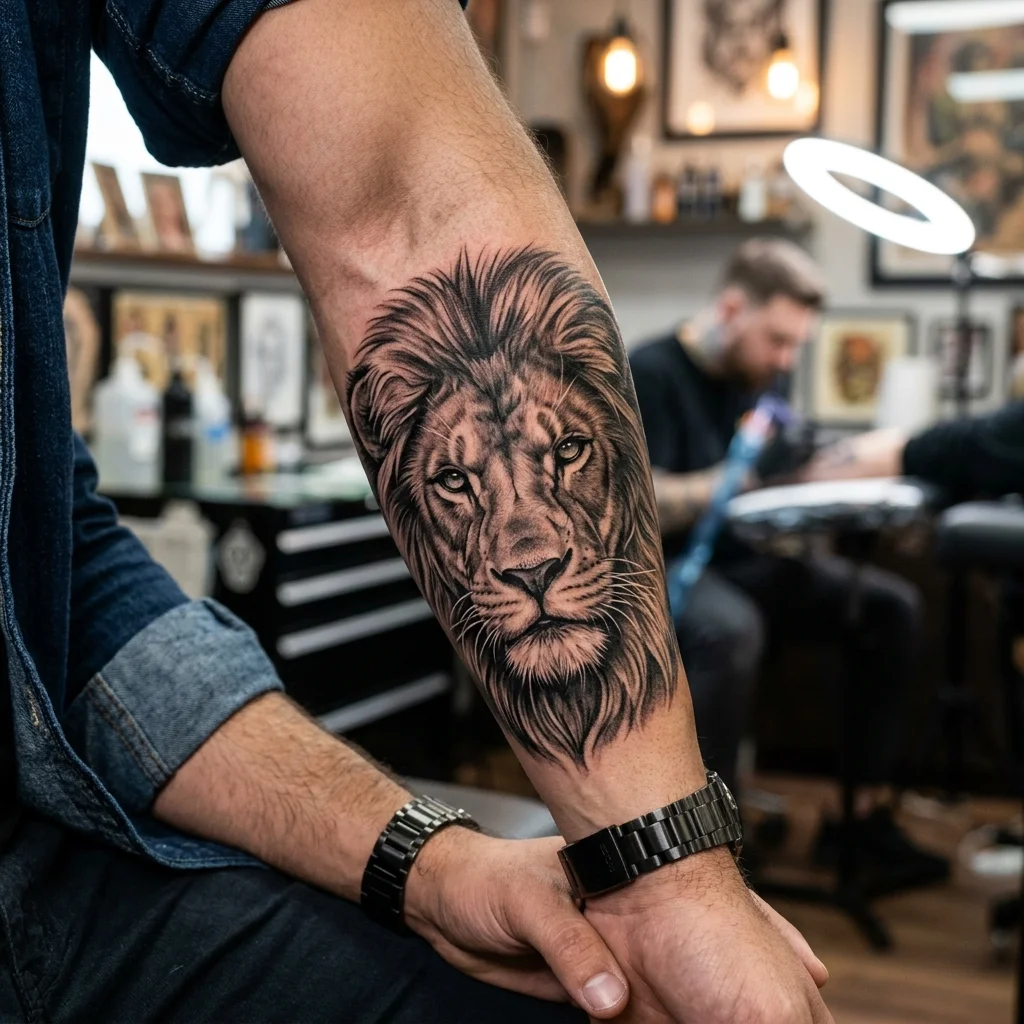 Tatuaj portret realist leu alb-negru pe antebraț de Alex Muntele