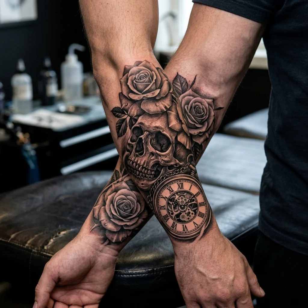 Tatuaj realism craniu și trandafir pe braț de Alex Muntele
