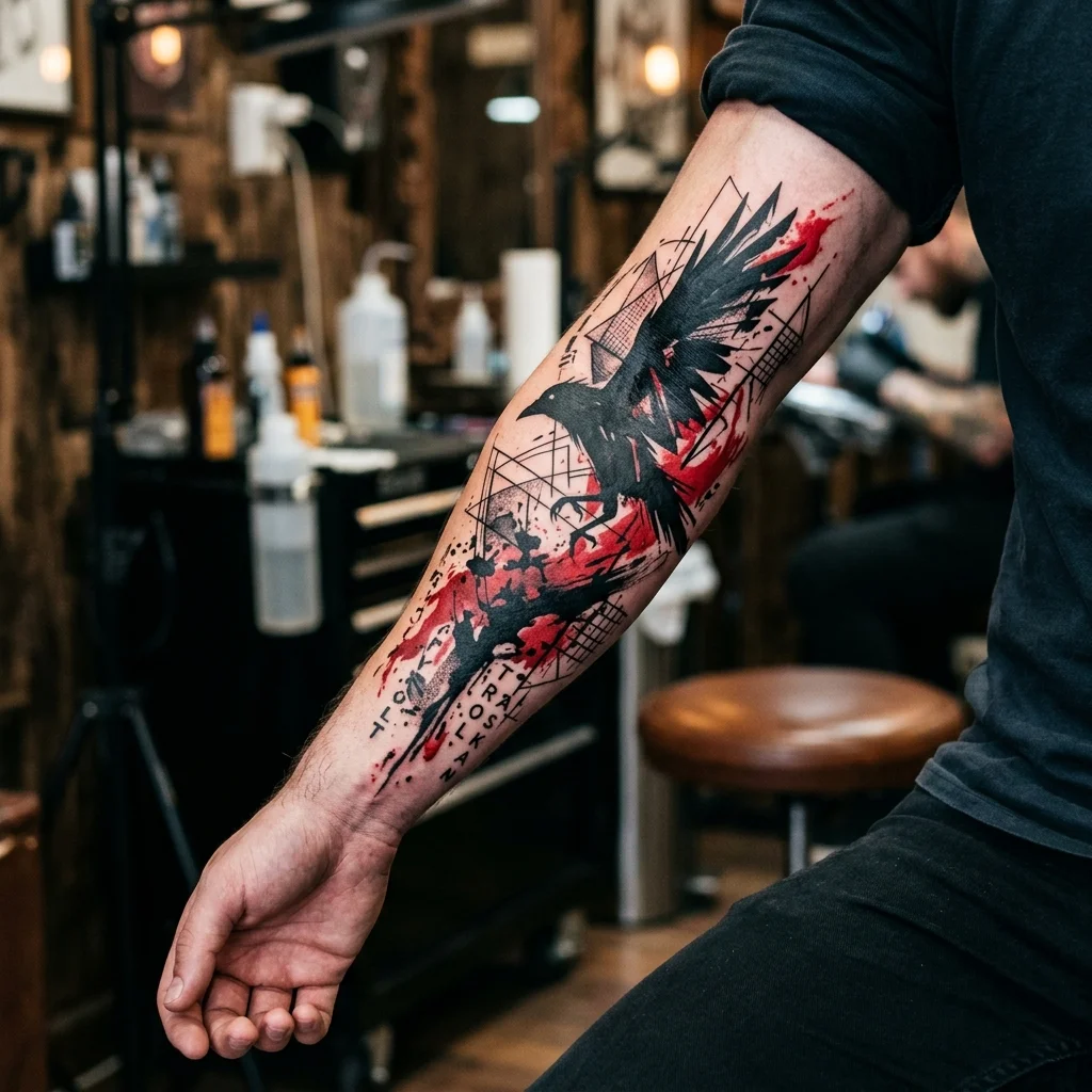 Tatuaj stil Trash Polka cu corb și stropi de tuș roșu și negru de Alex Muntele