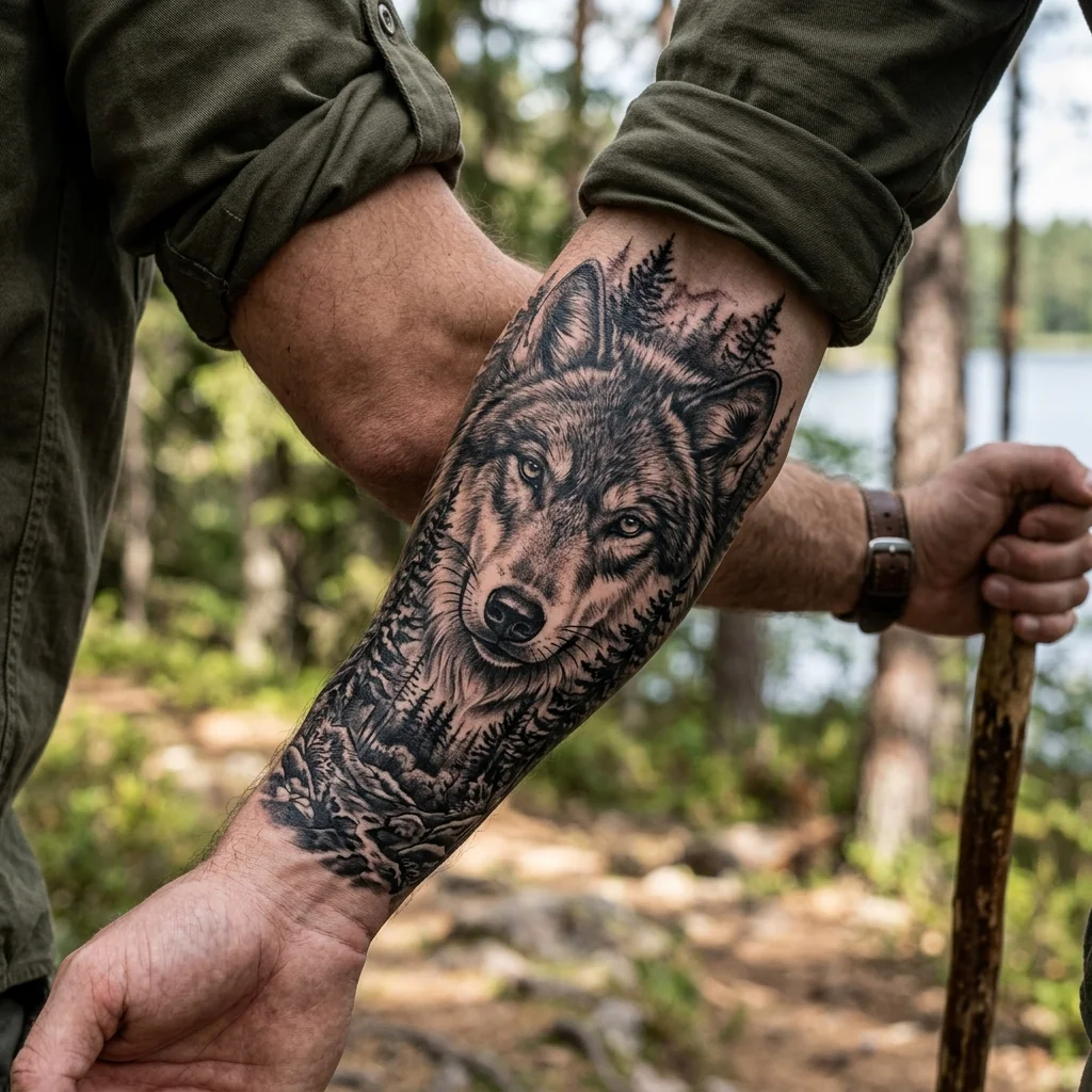 Tatuaj realism lup și pădure de braț realizat de Alex Muntele