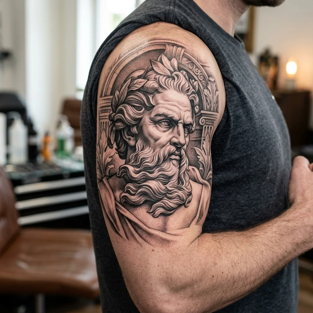 Tatuaj portret statuie grecească Zeus cu detalii fine de umbre de Alex Muntele
