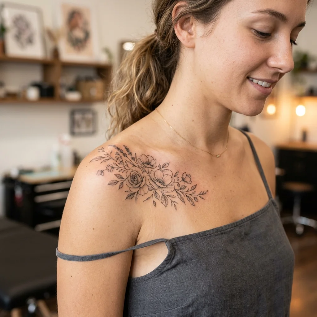 Tatuaj buchet flori fine line pe umăr de Alexandra Sasha