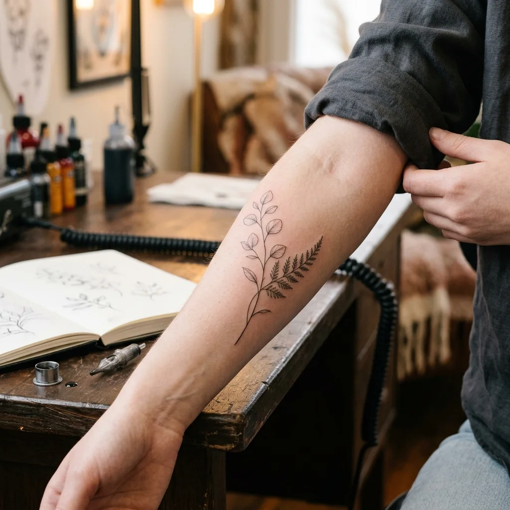 Tatuaj minimalist ramură de frunze botanice pe antebraț de Alexandra Sasha