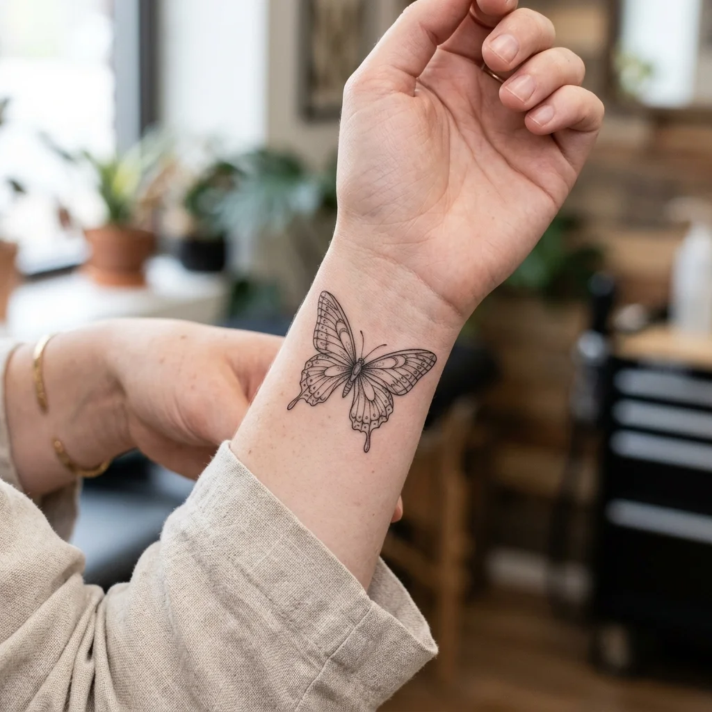 Tatuaj fin fluture pe încheietura mâinii de Alexandra Sasha