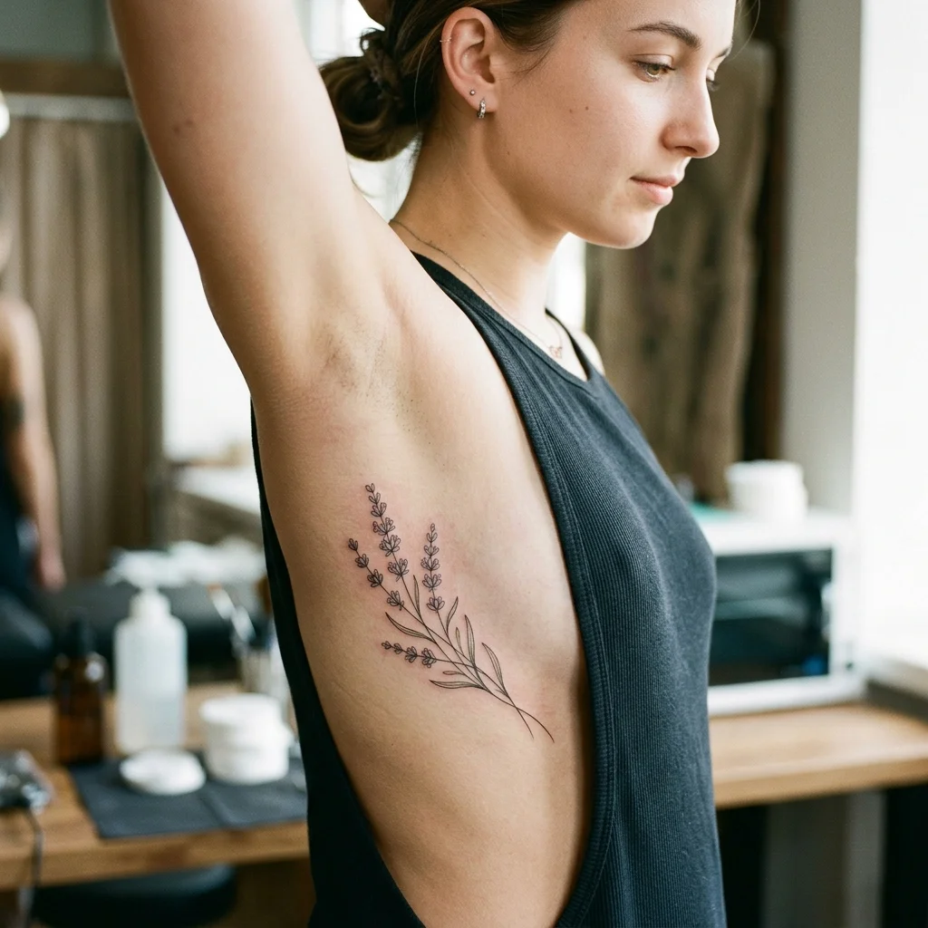 Tatuaj floare de lavandă fină pe coaste realizat de Alexandra Sasha